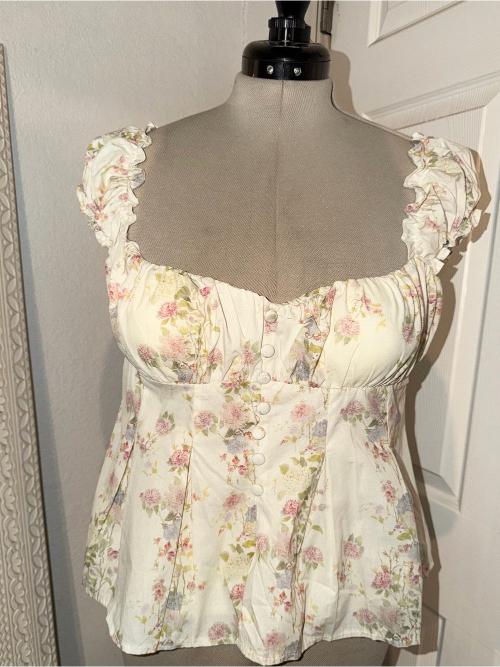 Floral Ruffled Square-Neck Blouse - Cream Pink